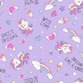 Art. Seamless unicorn pattern on a purple background. Drawing for kids clothes or fabrics