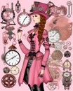 art set of steampunk pink steampunk girl, watercolor clip art , white background, created with artificial intelligence, Royalty Free Stock Photo