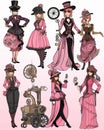 art set of steampunk pink steampunk girl, watercolor clip art , white background, created with artificial intelligence, Royalty Free Stock Photo