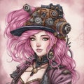 art set of steampunk pink steampunk girl, watercolor clip art , white background, created with artificial intelligence, Royalty Free Stock Photo