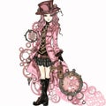 art set of steampunk pink steampunk girl, watercolor clip art , white background, created with artificial intelligence, Royalty Free Stock Photo