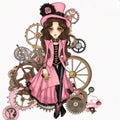 art set of steampunk pink steampunk girl, watercolor clip art , white background, created with artificial intelligence, Royalty Free Stock Photo