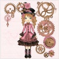 art set of steampunk pink steampunk girl, watercolor clip art , white background, created with artificial intelligence, Royalty Free Stock Photo