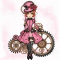 art set of steampunk pink steampunk girl, watercolor clip art , white background, created with artificial intelligence, Royalty Free Stock Photo