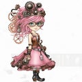 art set of steampunk pink steampunk girl, watercolor clip art , white background, created with artificial intelligence, Royalty Free Stock Photo