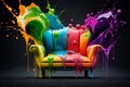 Art sofa doused in multicolored paint, drops of paint in the air