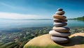 Art a stack of smooth river stones arranged in a balanced tower, peace and clear sky Royalty Free Stock Photo