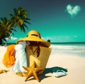 Art Straw hat, bag, sun glasses and flip flops on a tropical beach Royalty Free Stock Photo