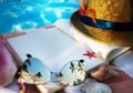 Art Straw hat , book and Sunglasses on the beach Royalty Free Stock Photo