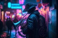 Art Street musician plays music on the french horn in the evening street with neon lights background Royalty Free Stock Photo