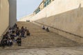 Art students at the steps at the entrance to Valletta on Malta.