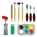 art studio art tools and supplies set. Palette paintbrush pensil oil paint watercolor