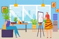 Art studio, artist woman sketching models portrait in art workshop, canvas drawing picture vector illustration. Painting Royalty Free Stock Photo