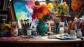 Art Studio Atmosphere. Art Studio Vibrancy with Colorful Flowers and Paintbrushes. art studio captured in the vibrancy