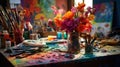 Art Studio Atmosphere. Art Studio Vibrancy with Colorful Flowers and Paintbrushes. art studio captured in the vibrancy