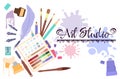 Art studio banner. Graphics school website promo page, crazy designers and artist class poster template. Gallery, paint Royalty Free Stock Photo