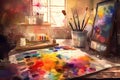 Art Studio: Capture a set of images that showcase a colorful, inspiring art studio. Generative AI