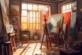 Art Studio: Capture a set of images that showcase a colorful, inspiring art studio. Generative AI