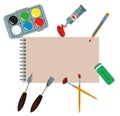art studio hand drawn art tools and supplies set. Palette paintbrush pensil oil paint watercolor note paper