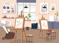 Art studio interior. Classroom, workshop of creative class, drawing school. Painting atelier with paper, canvas on Royalty Free Stock Photo