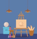 Art studio interior colorful vector illustration.