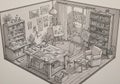 Art studio interior sketch features a well-organized space with various art supplies on Royalty Free Stock Photo