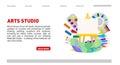 Art studio landing page. Painting tools elements cartoon colorful vector concept. Art, painting tools vector web banner Royalty Free Stock Photo