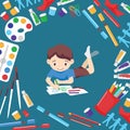 Art studio vector boy character studying in kids art-school with artist tools watercolor paint brushes palette for color Royalty Free Stock Photo