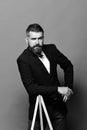 Art and style concept. Man with beard and moustache wearing classic suit. Artist with stylish hairdo and confident face Royalty Free Stock Photo