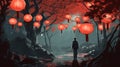 art style, illustration painting, generative ai tools ,man walking on a tree branch with many red lanterns on the background Royalty Free Stock Photo