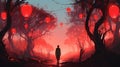 art style, illustration painting, generative ai tools ,man walking on a tree branch with many red lanterns on the background Royalty Free Stock Photo