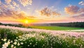 Summer nature background with blooming white flowers and fly butterfly against sunrise sunlight Royalty Free Stock Photo