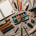 Colored pencils, sharpened and scattered across the area, along with Royalty Free Stock Photo