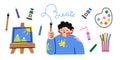 Art supplies. Art tools set. Boy with paint brash. Flat vector illustration.