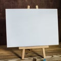 Art supplies. Brushes, easel, paper. Place for your text. Mock up photography. Royalty Free Stock Photo