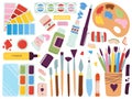 Art supplies collection. Painter brush, palette and craft equipment. Pen for creative drawing, artistic tools and