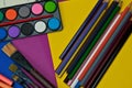 Colorful art supplies for drawing or painting