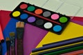 Colorful art supplies for drawing or painting