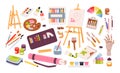 Art supplies for drawing set. Painting tools and art class studio supplies. Flat vector illustration Royalty Free Stock Photo