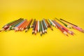 Art supplies pencil assorted colors on a bright yellow background