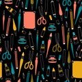 Seamless Pattern with Art Supplies on Black Background.
