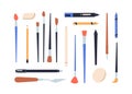Art supplies set. Paint brushes, pencils, liners, erasers, painters tools. Paintbrushes, painting knife, sponge, pen