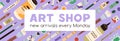 Art supplies shop banner design. Craft store ad background with painting accessories, tools. Creative market promotion Royalty Free Stock Photo