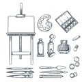 Art supplies, sketch illustration. Drawing, painting, calligraphy design elements. Craft and stationery stuff