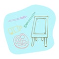 Art supplies vector illustration. Hand drawn easel, brushes, palette and color tube on blue background. Outline colored doodle Royalty Free Stock Photo