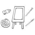 Art supplies vector illustration. Hand drawn easel, brushes, palette and color tube. Outline doodle tools for painting. Time for