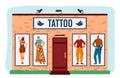 Art tattoo salon vector illustration, cartoon flat building with tattooed hipster man woman characters at window