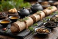 Art of tea preparation with traditional scroll and herbs in a serene setting Royalty Free Stock Photo