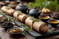 Art of tea preparation with traditional scroll and herbs in a serene setting Royalty Free Stock Photo