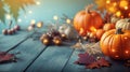 Thanksgiving holiday party background, autumn pumpkin and holidays light decoration Royalty Free Stock Photo